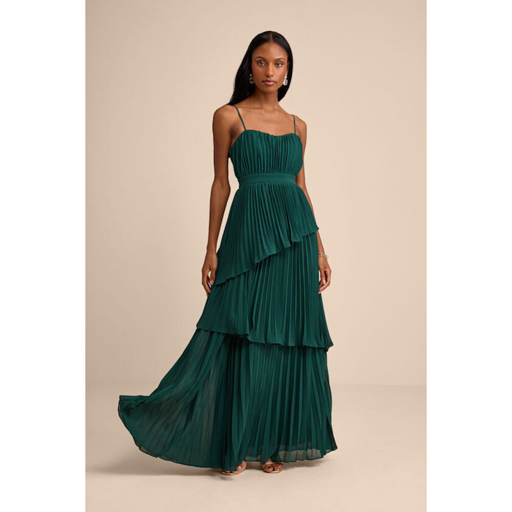 Lulus Jehona Emerald Green Pleated Tiered Maxi Dress - Size XL